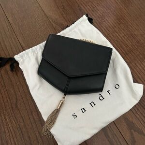 Sandro Black Leather Clutch with Gold Tassel